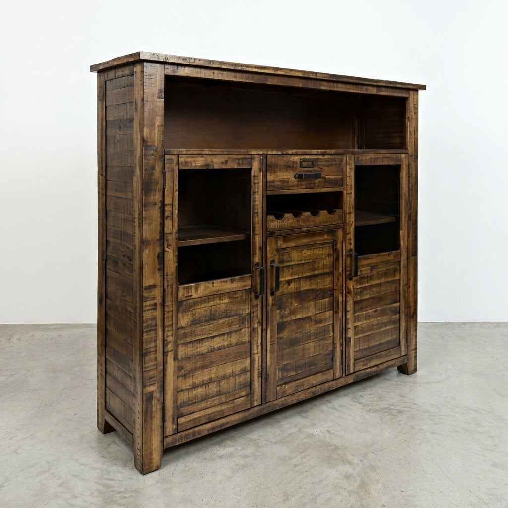 Rustic wooden cabinet with multiple compartments and a wine rack.