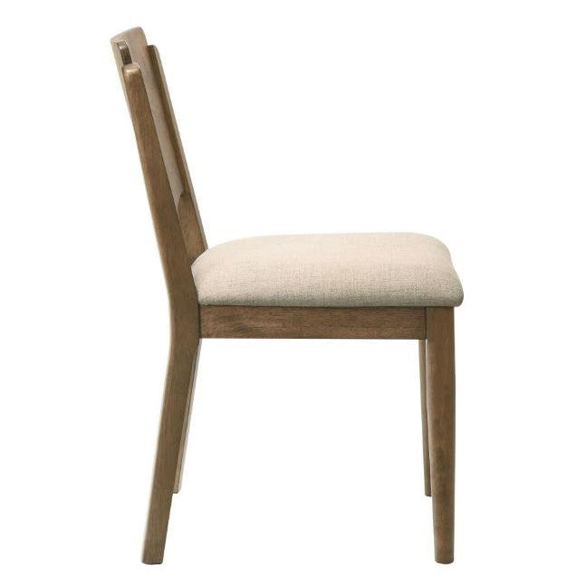 Side view of a wooden chair with a cushioned seat.