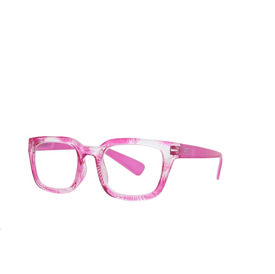 Pink-framed square glasses with transparent details.