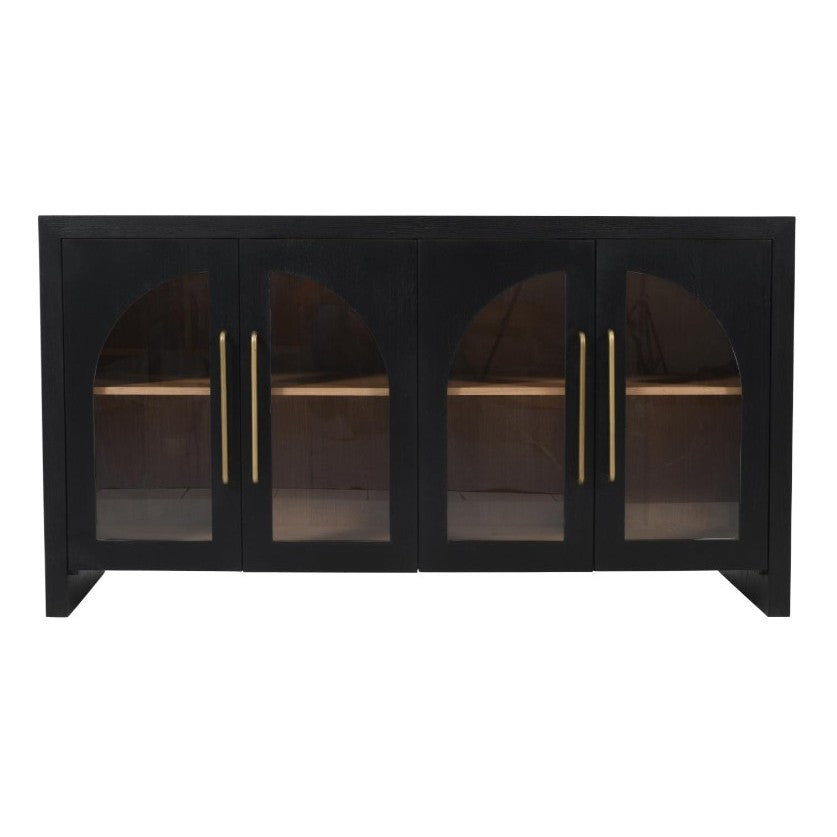 Black cabinet with glass doors and gold handles.