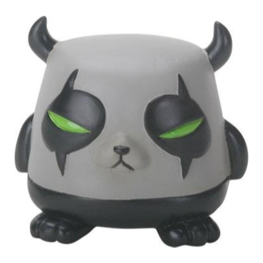 Gray, horned figurine with green eyes and a panda-like face.