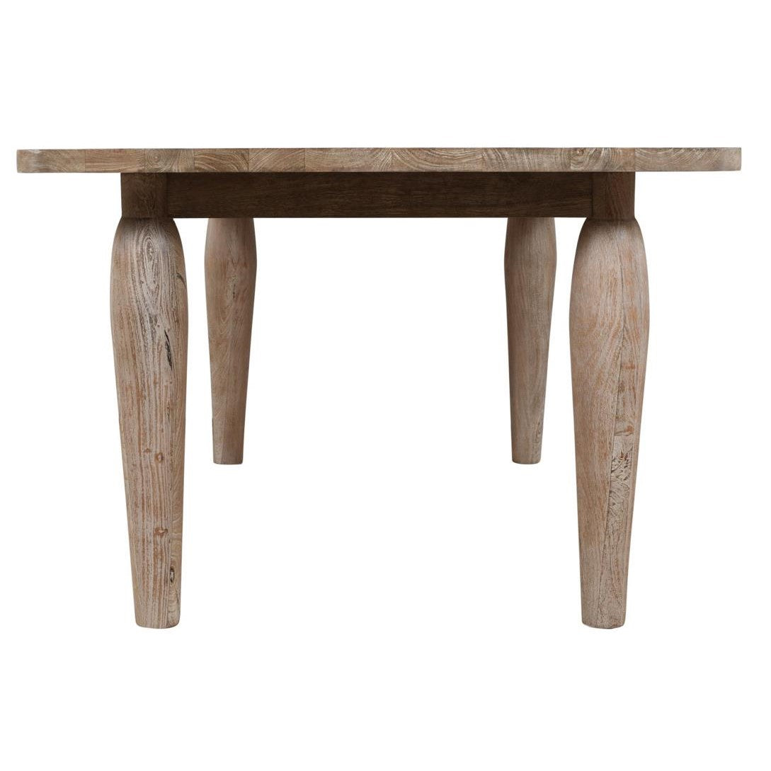 Wooden table with rounded legs, front view.