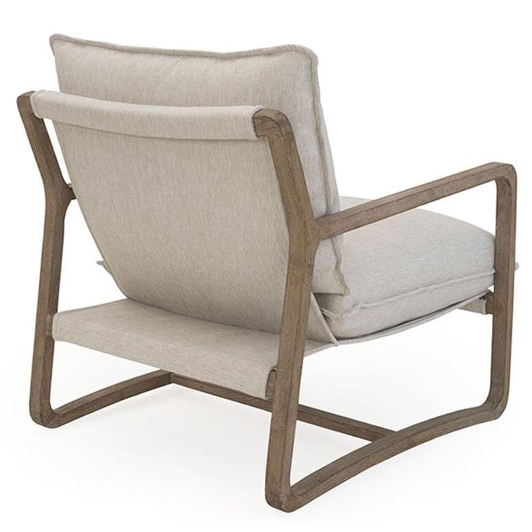 Modern chair with wood frame and beige cushions, viewed from the back.