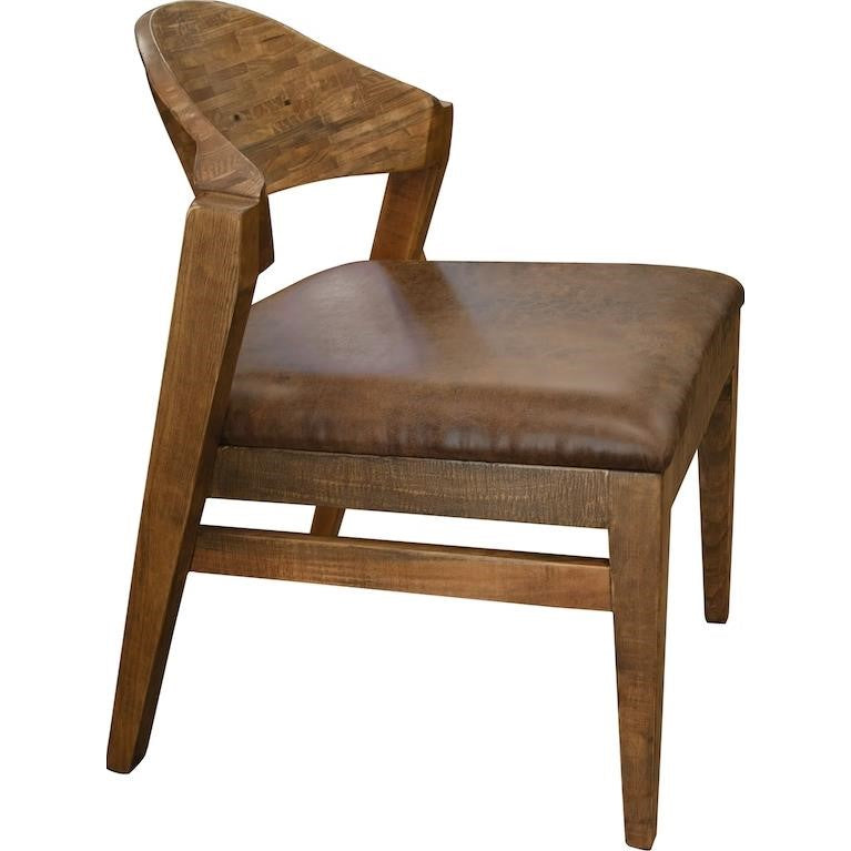 Wooden chair with cushioned seat and angled backrest.