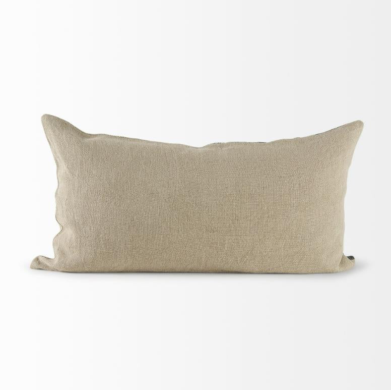 Beige rectangular pillow against a white background.