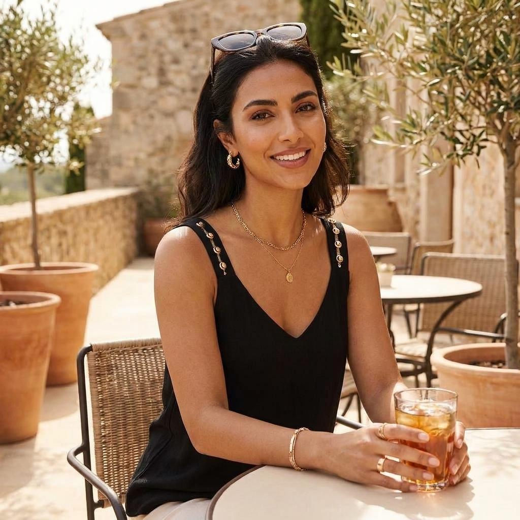 Woman smiling with a drink on a sunny patio.