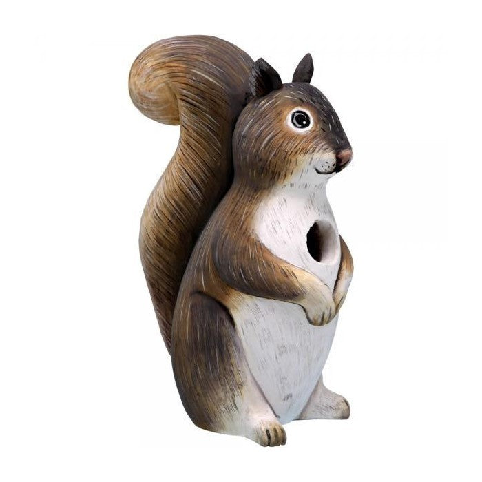 Squirrel-shaped birdhouse with a hollow center.