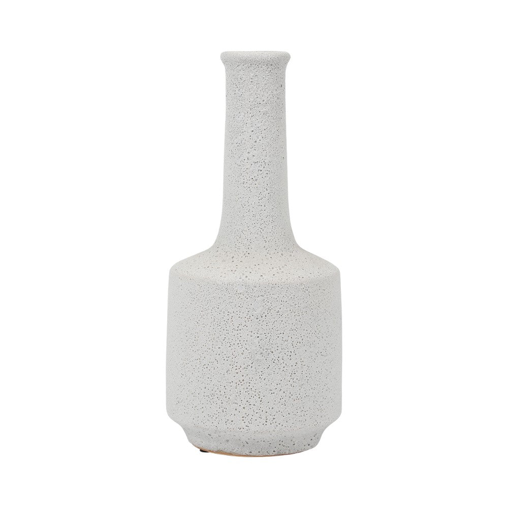 White textured ceramic vase with a narrow neck and rounded base.