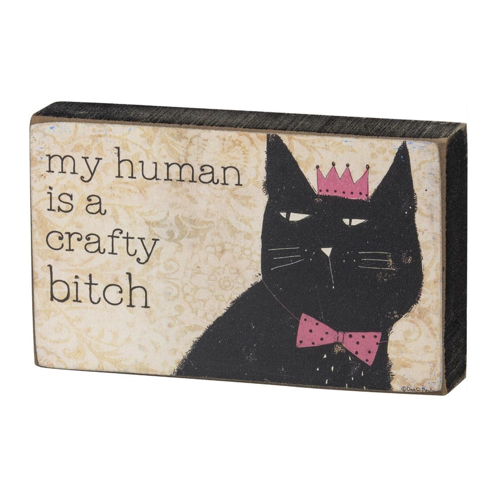 Cat illustration with a pink crown and bow tie, captioned humorously about its owner.