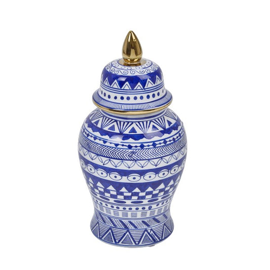Picture of Blue and White Tribal Temple Jar, Gold Accents