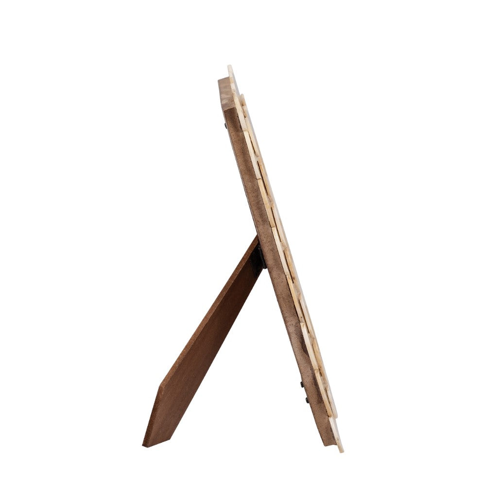 Side view of a wooden frame with a stand on a white background.