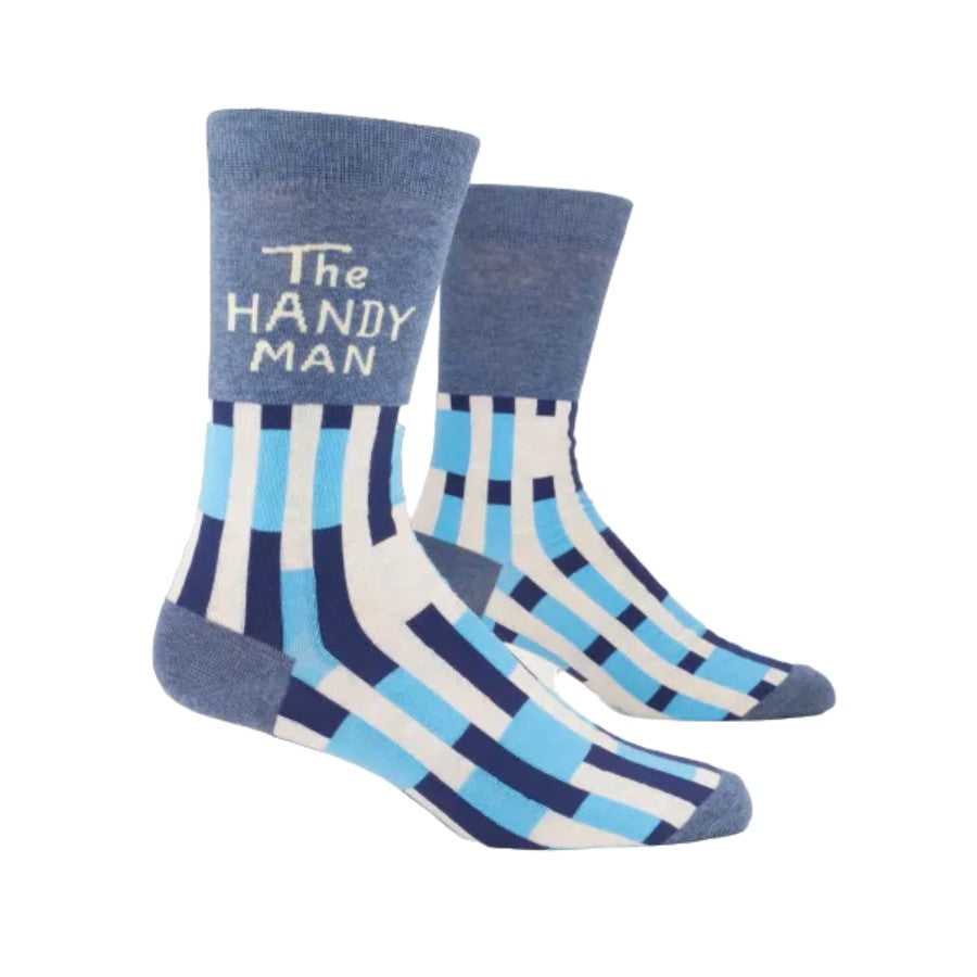 Blue striped socks with "The Handy Man" text.