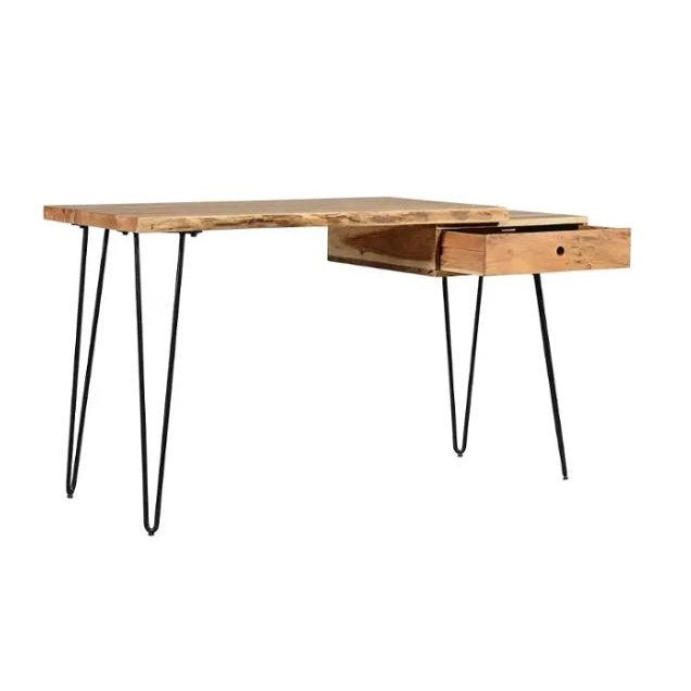 Wooden desk with hairpin legs and a side drawer.