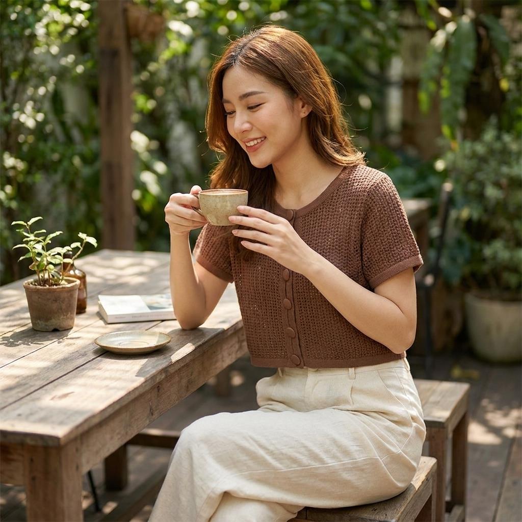 Woman enjoying coffee at a wooden table in a garden setting.