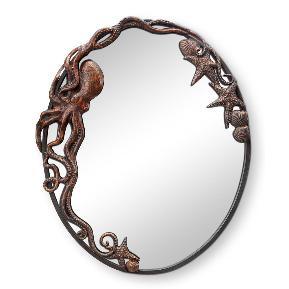 Oval mirror with an ornate ocean-themed frame featuring an octopus and seashells.