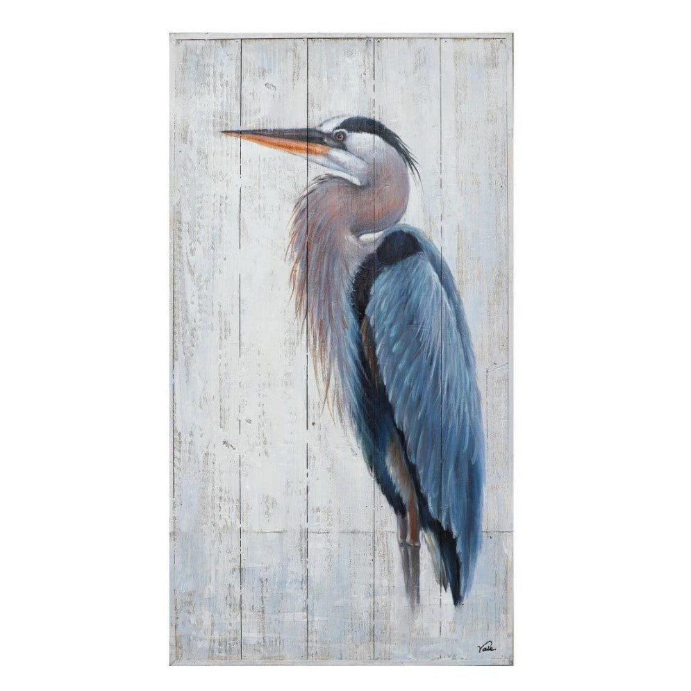 Painting of a heron on rustic wood background.