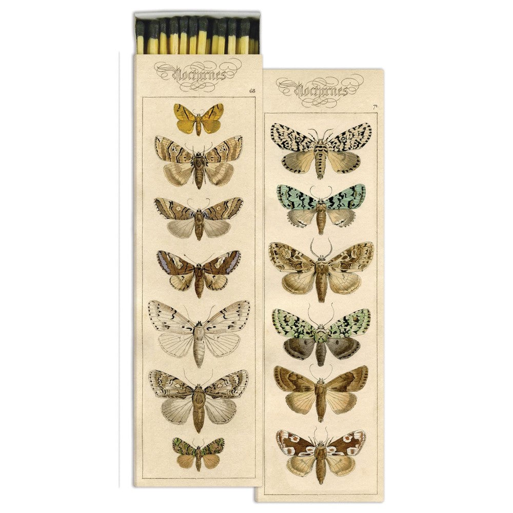 Moth illustrations on a matchbox with multiple designs.