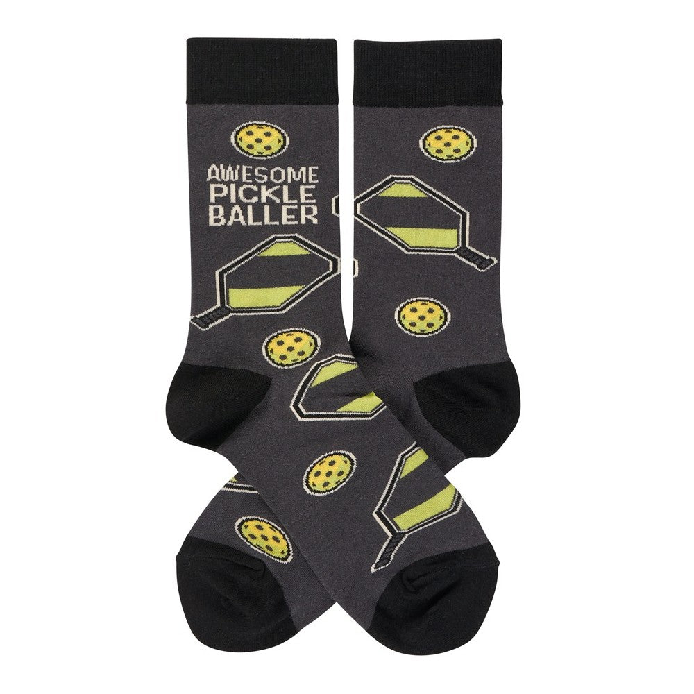 Gray socks with pickleball paddles and balls print.