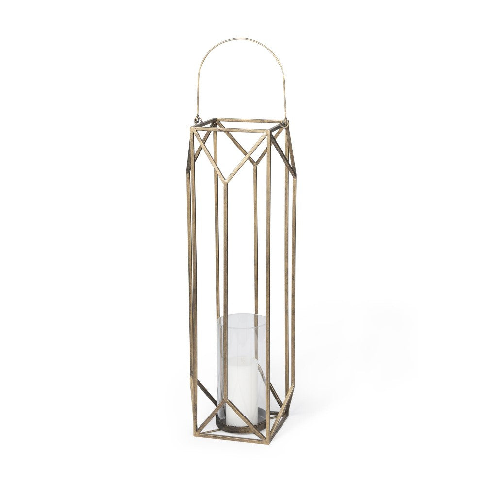 Tall geometric metal lantern with white candle inside.