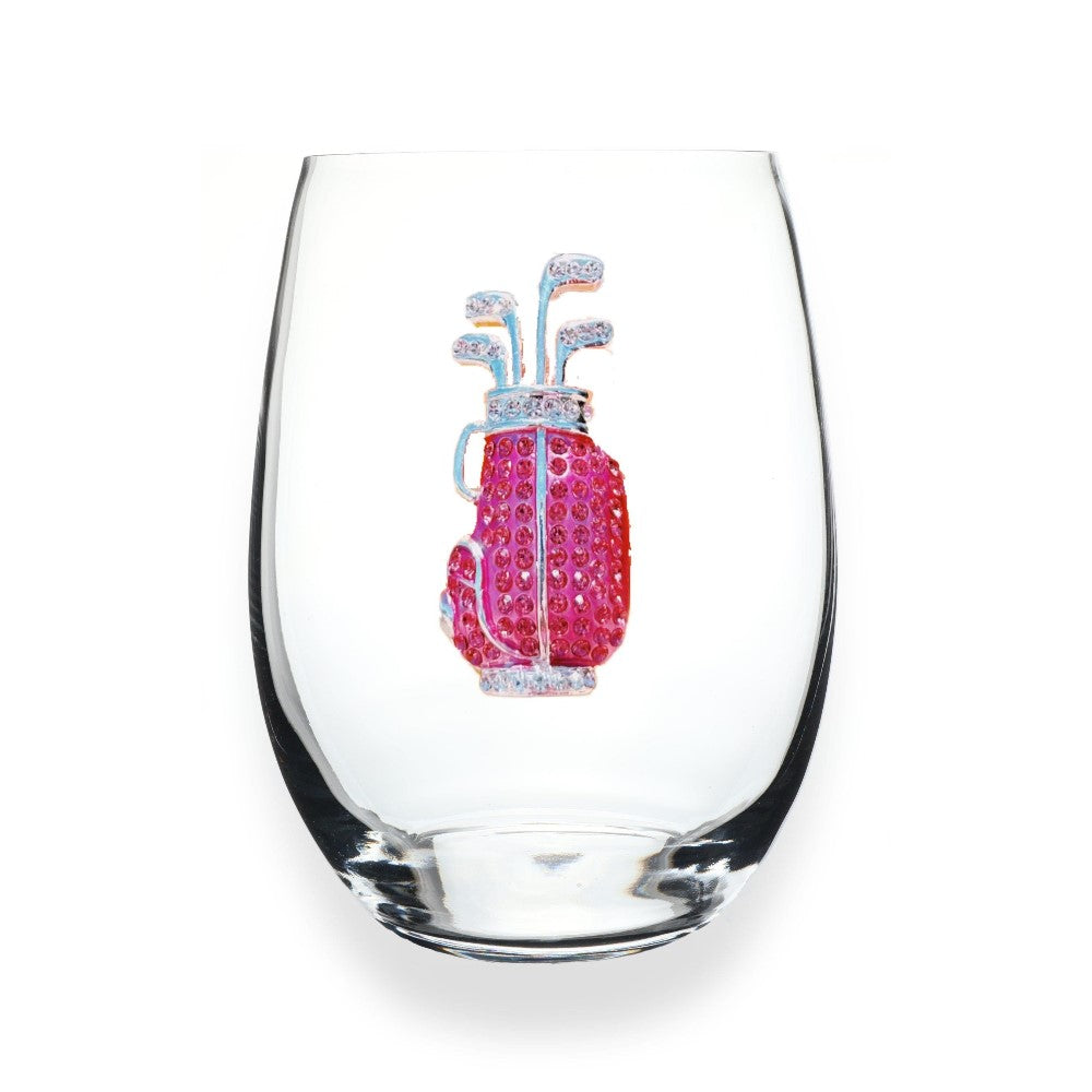 Clear glass with a pink jeweled golf bag design.