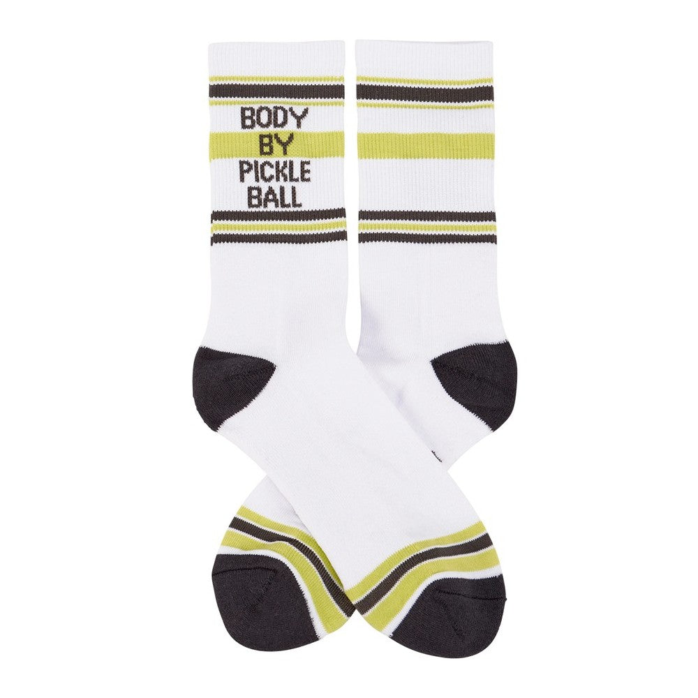 White socks with stripes and "Body by Pickleball" text.