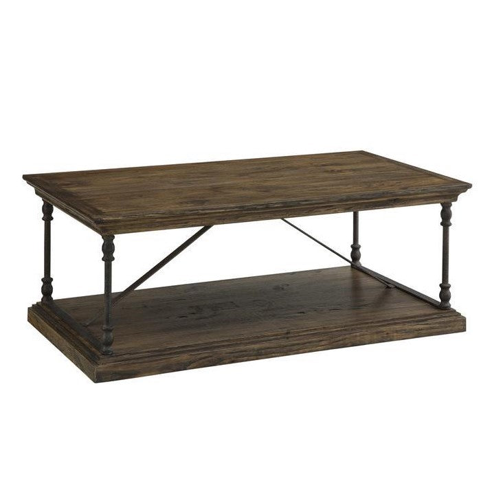 Wooden coffee table with metal legs and lower shelf.
