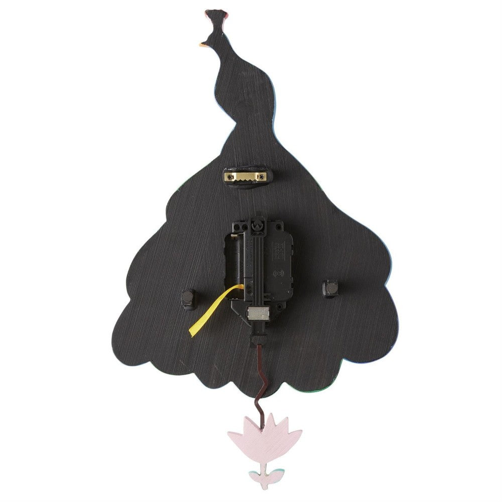 Peacock-shaped clock with a flower pendulum and visible mechanism.