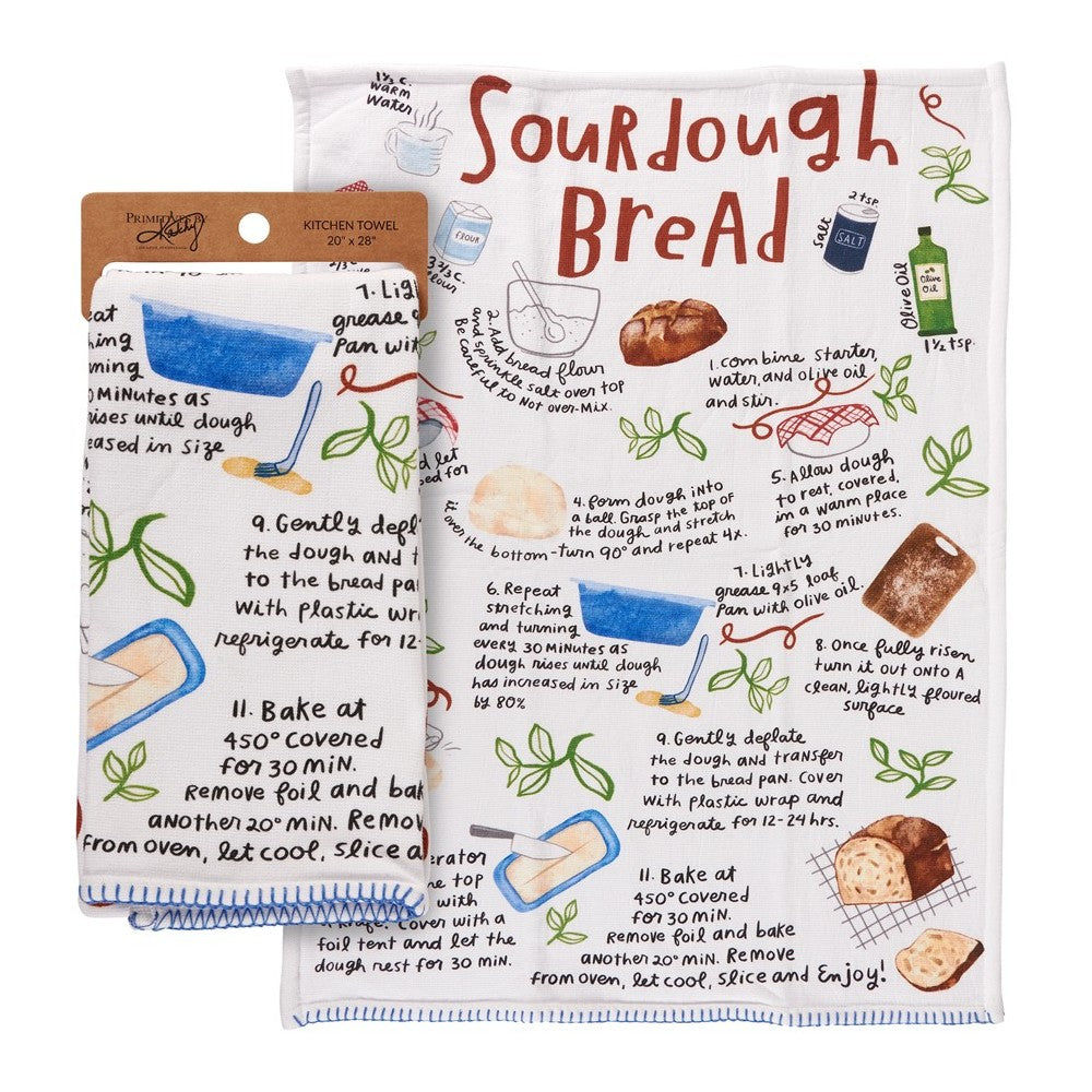 Kitchen towel with illustrated sourdough bread recipe and tools.