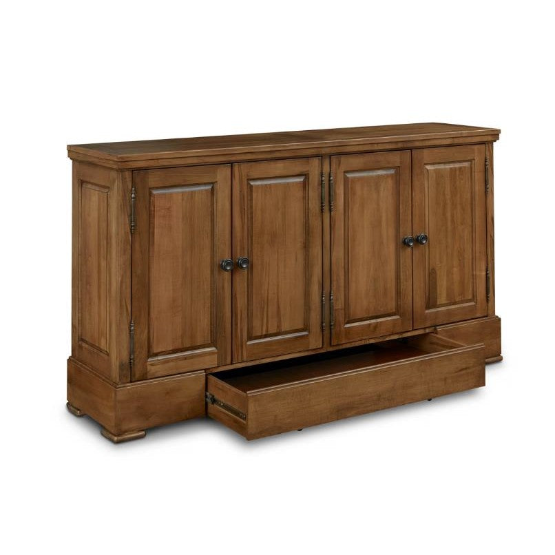 Wooden sideboard with four doors and an open drawer at the bottom.