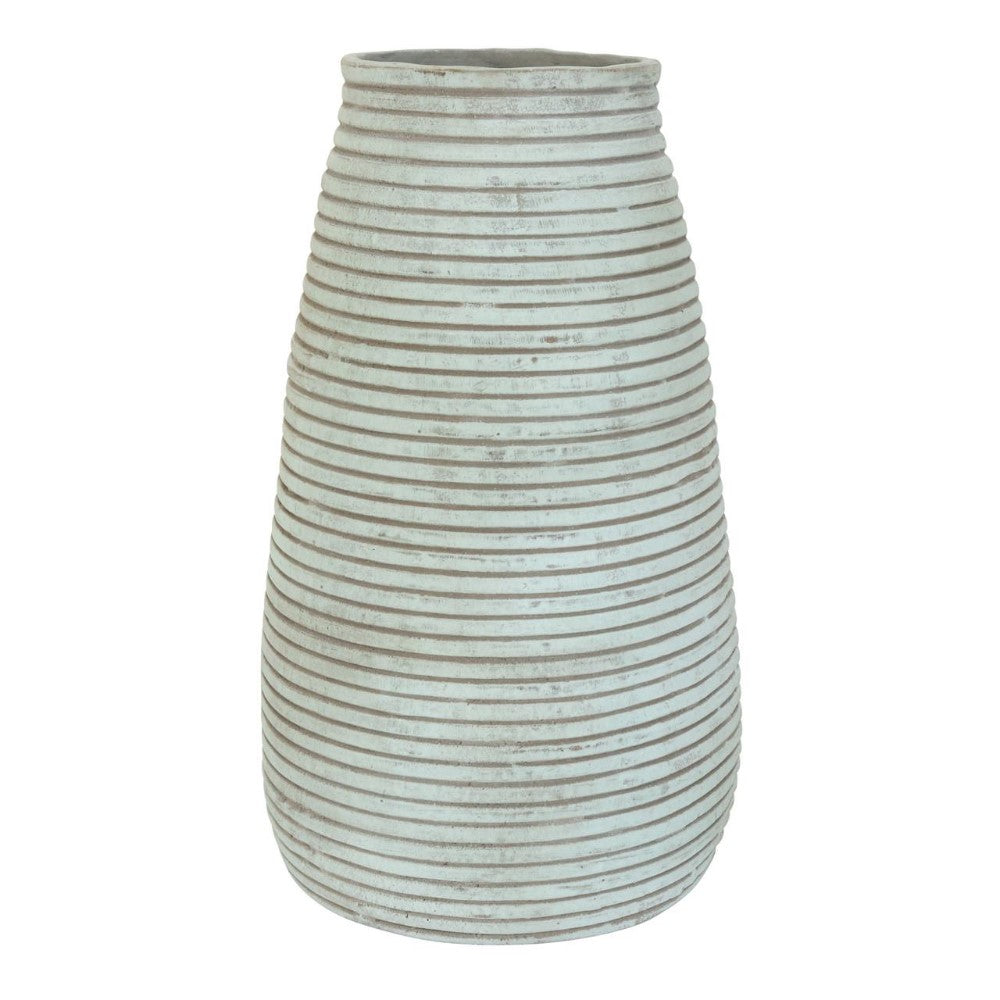 A tapered, ribbed ceramic vase with a rustic finish.