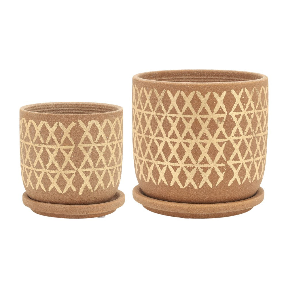 Two brown pots with geometric patterns on matching saucers.