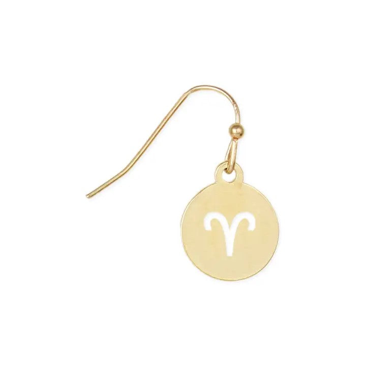 Gold earring with Aries symbol on a round charm.