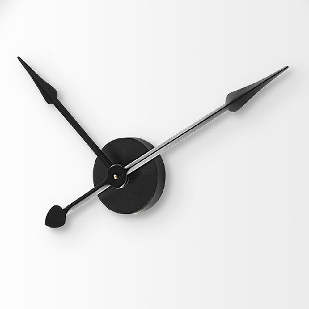 Minimalist black wall clock with sleek hands on a white background.