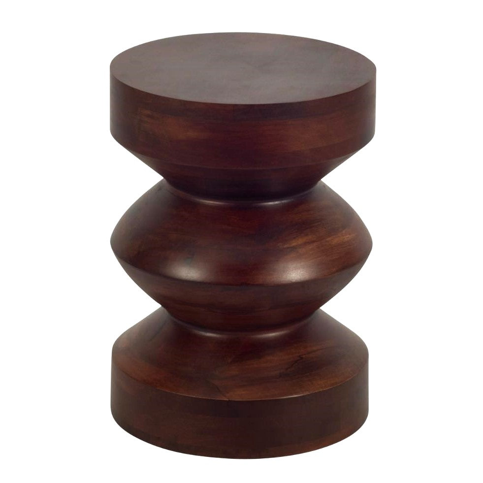 Dark wooden stool with a unique, geometric design.