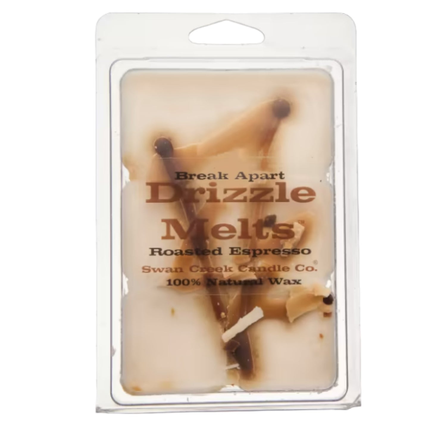 Wax melts package labeled "Drizzle Melts: Roasted Espresso."
