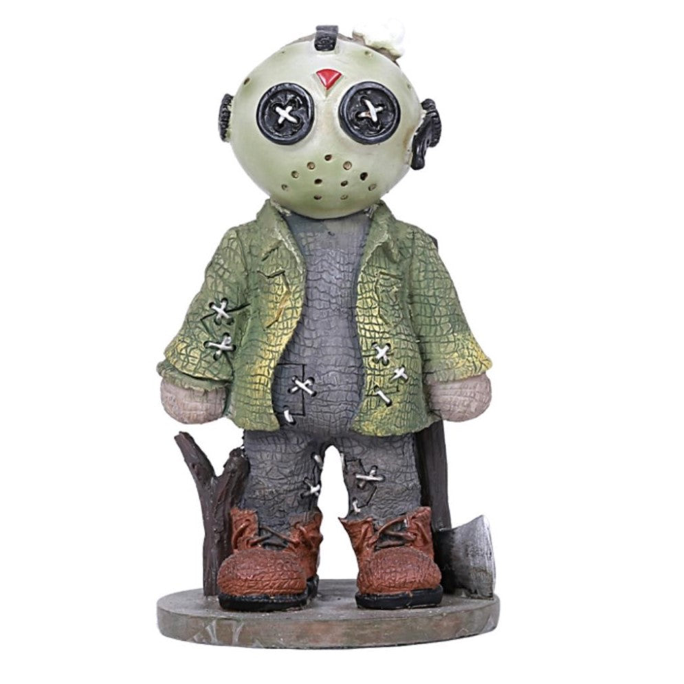 Toy figurine with a mask, green jacket, and brown boots holding an axe.