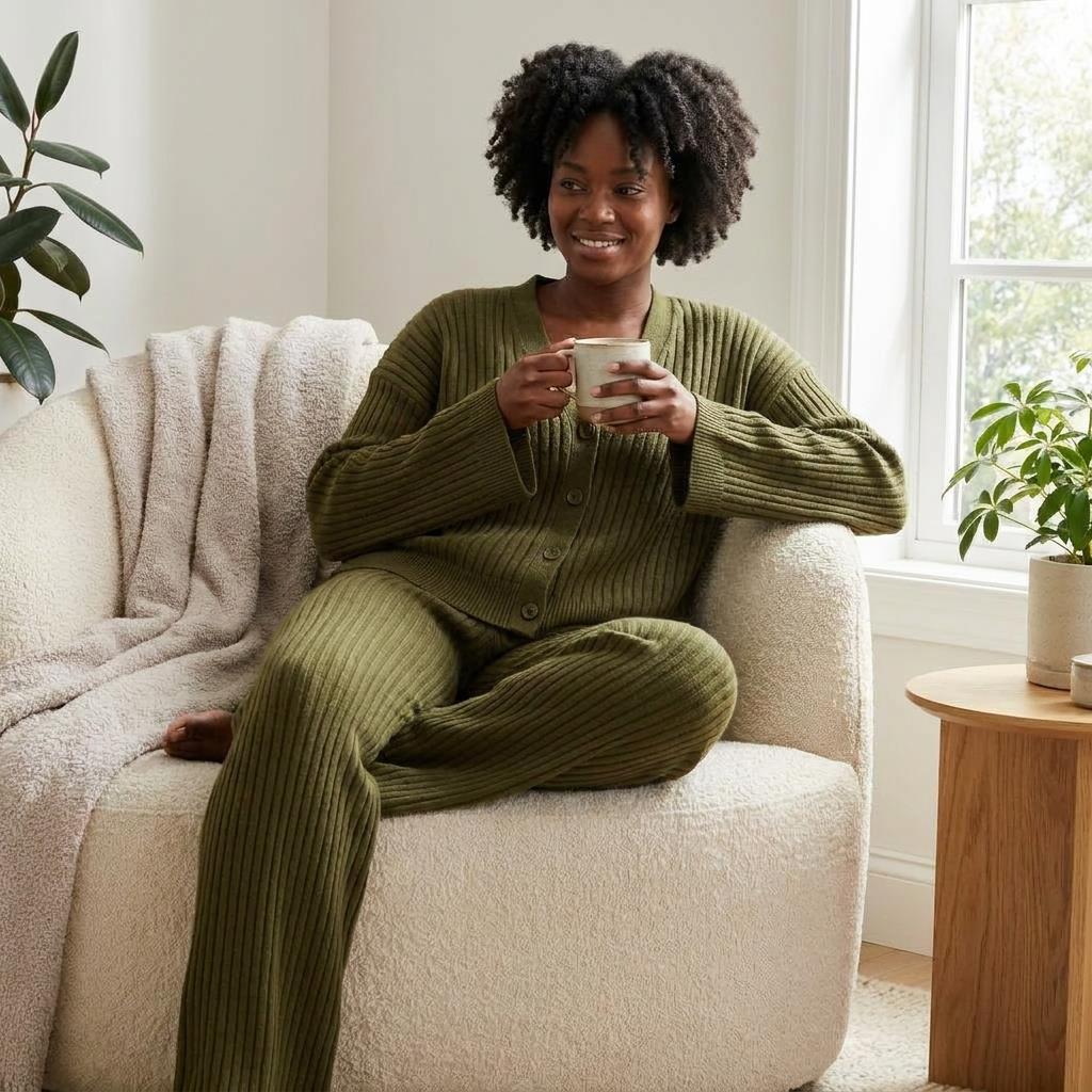 Person in cozy green outfit holding a mug, seated comfortably on a cream chair.