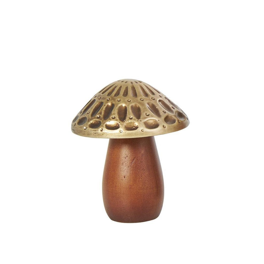 Decorative mushroom with a bronze cap and wooden stem.
