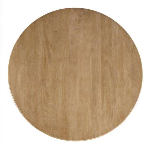 Round wooden tabletop, light brown finish.