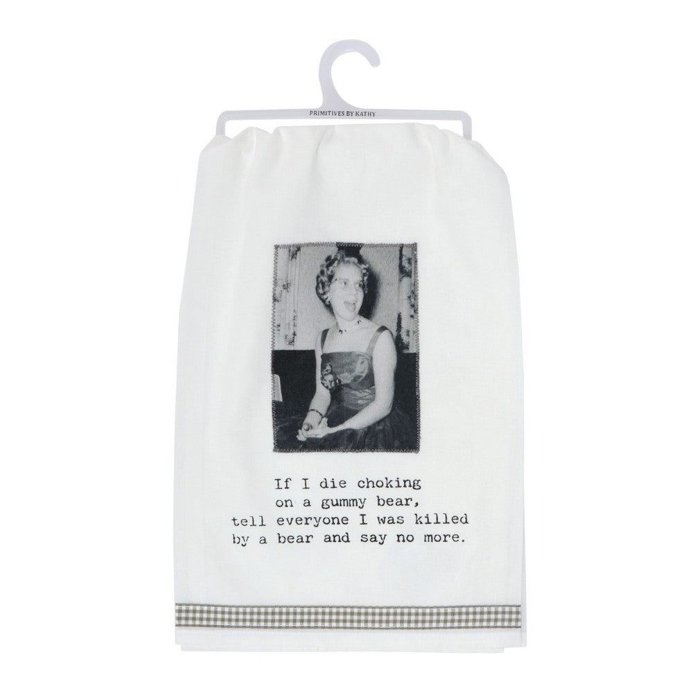 Towel with a vintage photo and humorous gummy bear text.