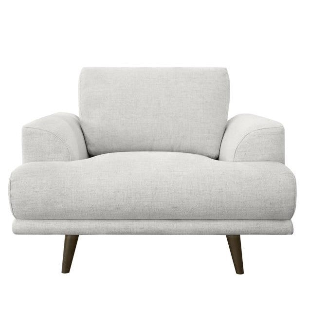 Modern, gray armchair with wooden legs.