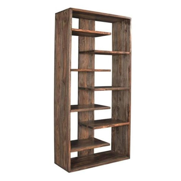Modern wooden shelving unit with asymmetrical design.