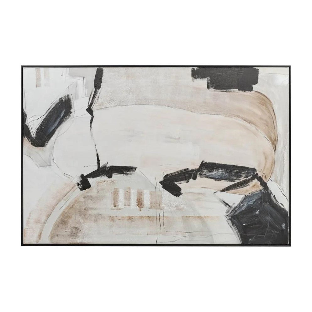 Abstract painting with bold black strokes on a beige background.