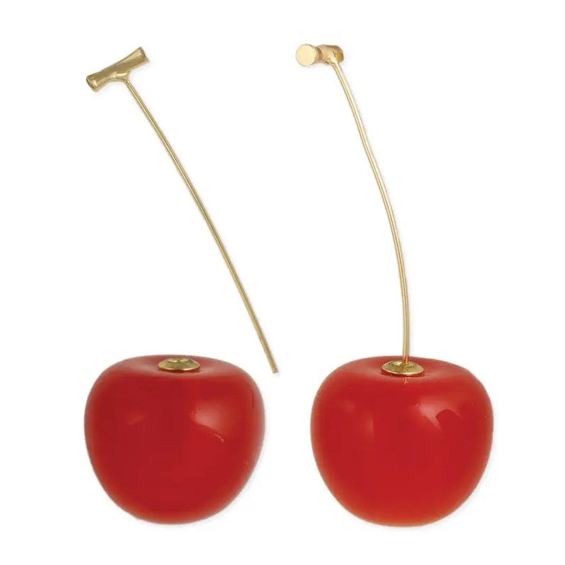 Cherry-inspired earrings with gold stems.
