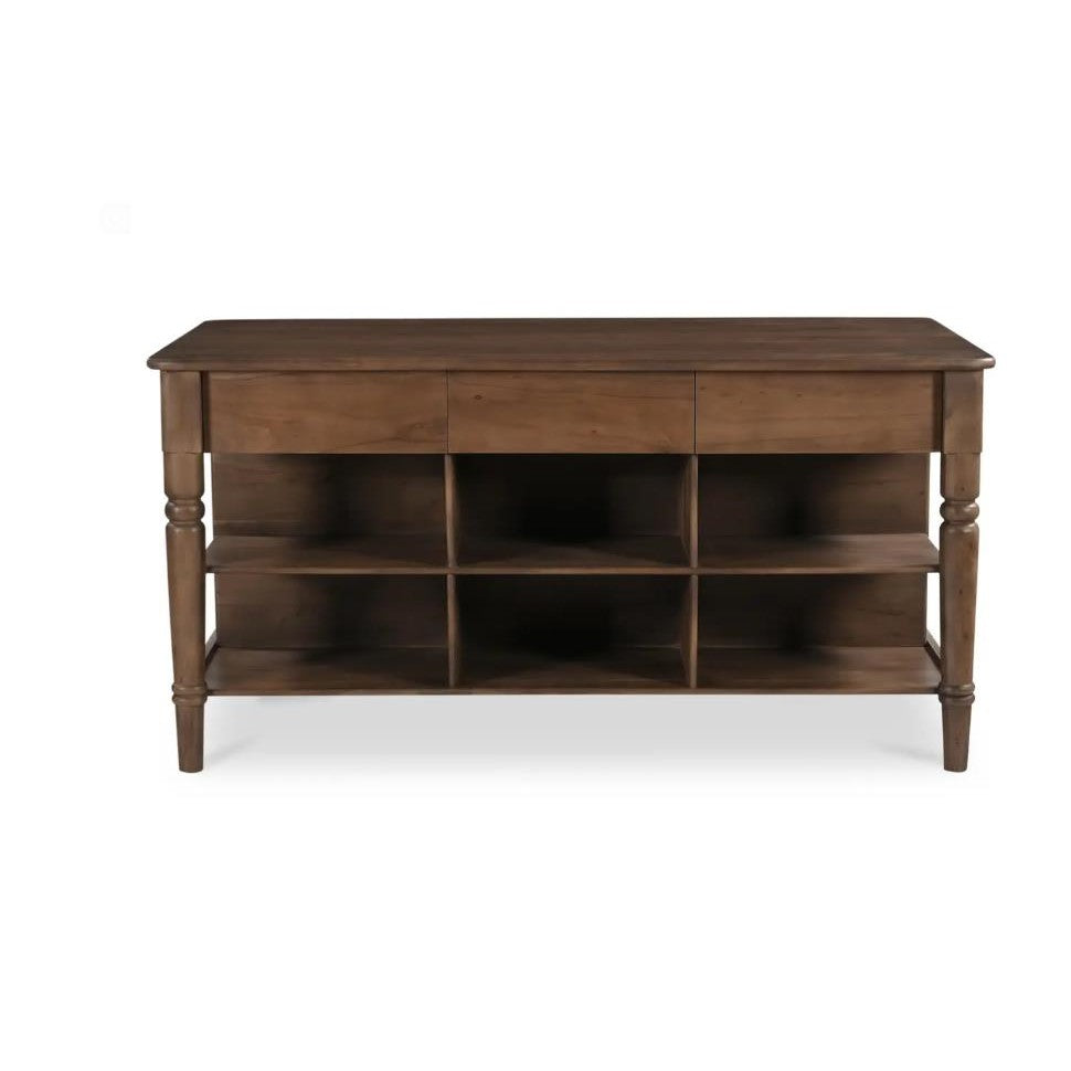Wooden sideboard with open shelves and multiple compartments.
