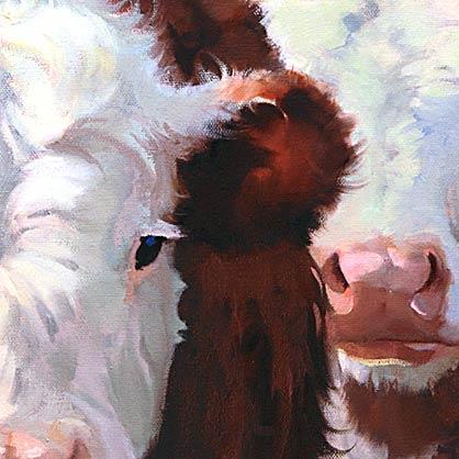 Close-up painting of cows with brown and white fur.