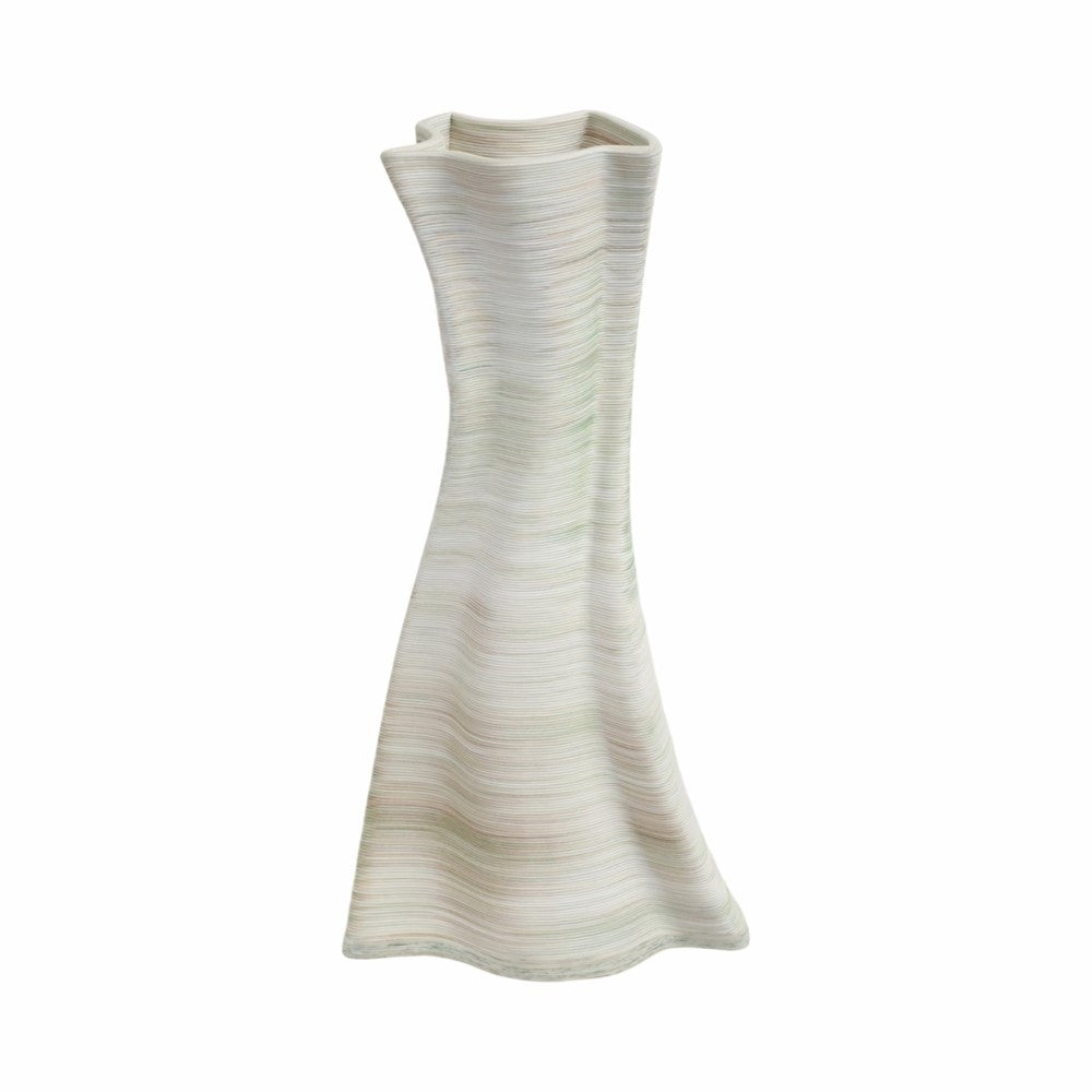 Curved, wavy, light-colored ceramic vase with a textured finish.