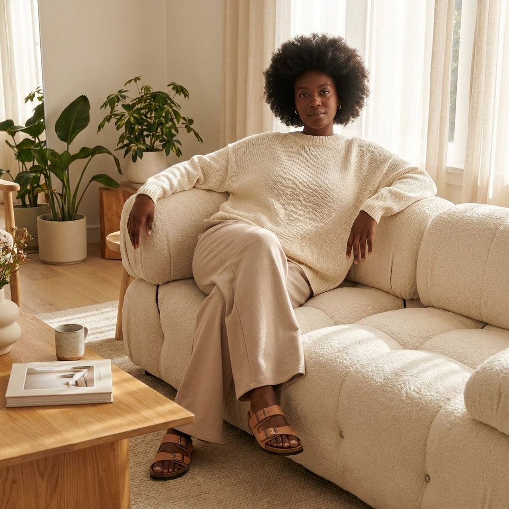 Person relaxing on a cozy beige sofa in a bright, plant-filled living room.