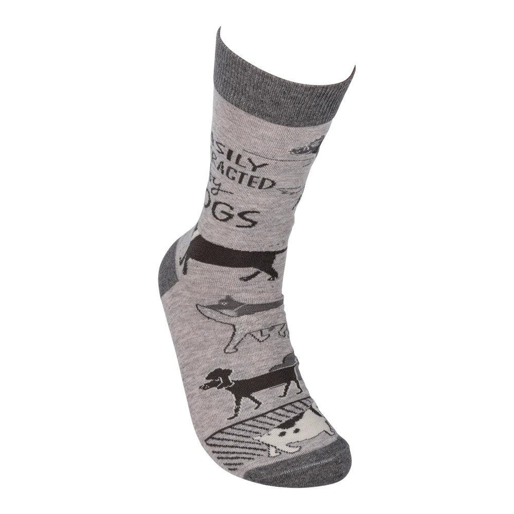 Gray sock with dog design and text pattern.