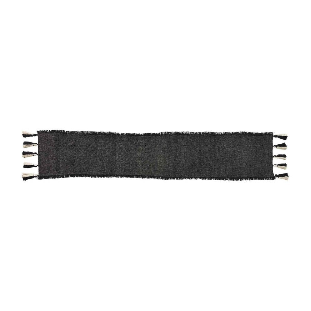 Long black textured fabric with tasseled ends.